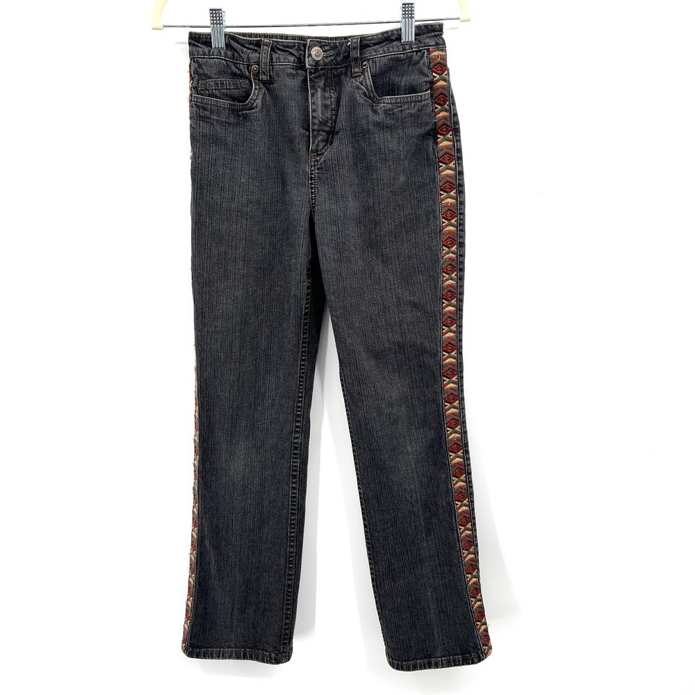 Charcoal gray wash straight leg jeans‎ boho embroidered insert western  4 petite